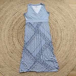 LL Bean Maxi Sun Dress Size XL Blue Boho Print V Neck Sleeveless Beachy